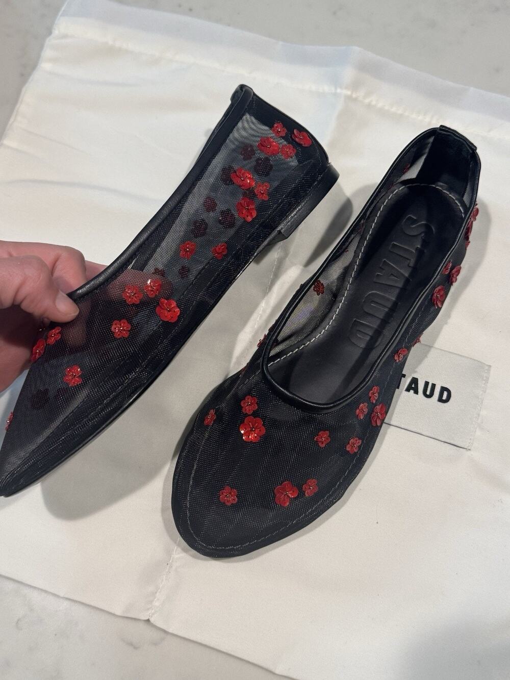 STAUD New Alba Ballet Flats Black Mesh With Red Flowers Dust Bag 36 US 6